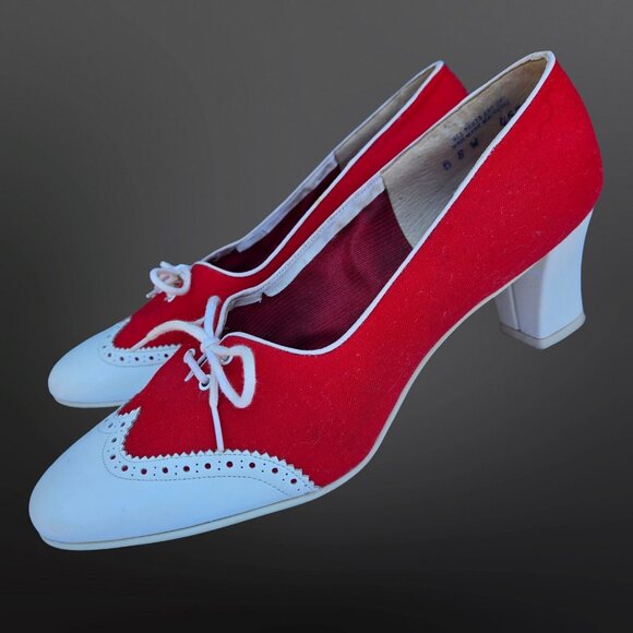 Vintage Socialites Spectator Heels Pumps Size 8 Red White 70s Does 40s Lace Up - Picture 5 of 11